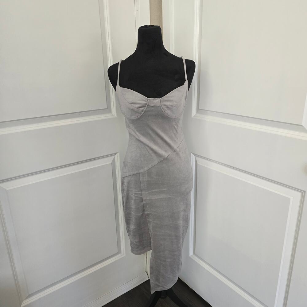 Women's HMS Gray Faux Suede Asymmetrical Hem Spaghetti Strap Party Dress Size M